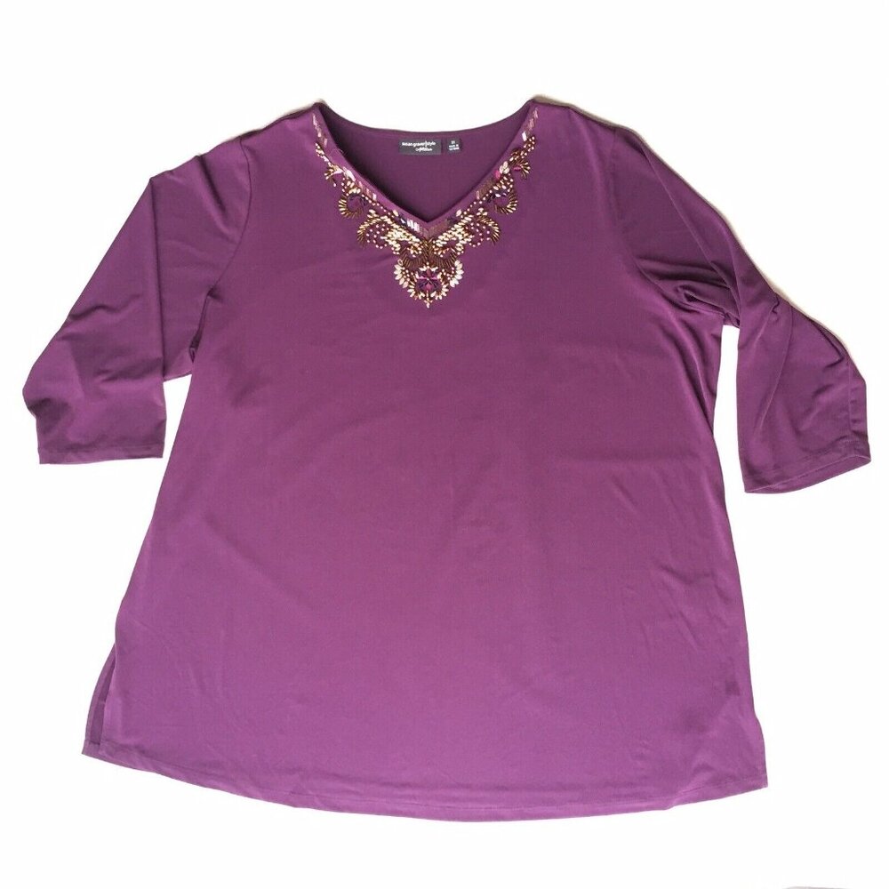 Susan Graver Shirt Womens 3X Long Tunic Top Blouse Purple Beaded V Neck Stretchy